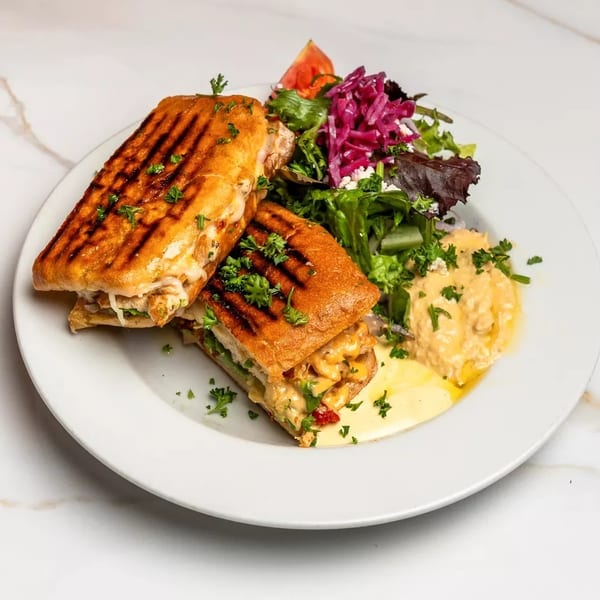 Grilled panini sandwich with melted cheese, served with a side salad and hummus on a white plate.