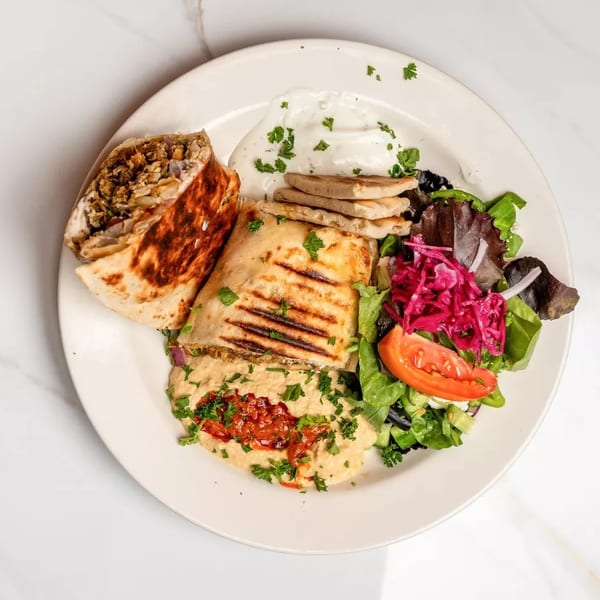 Grilled chicken shawarma, hummus, pita bread, and a fresh salad with red cabbage and tomato.