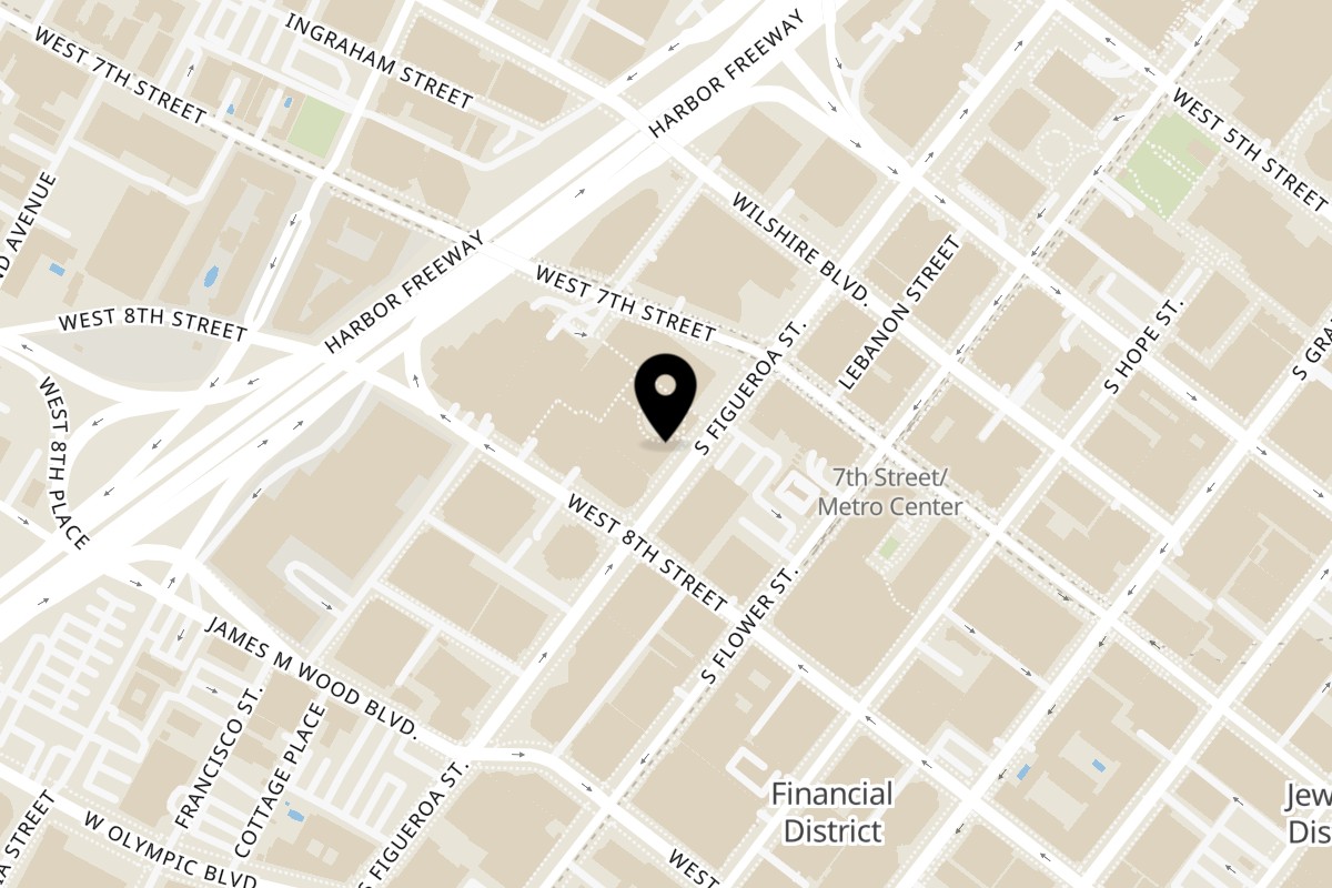 Map showing the location of George's Greek Grill on 735 S Figueroa St Suite 131 in Los Angeles